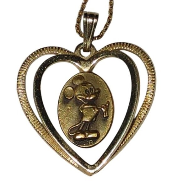Mickey Mouse Double Heart Pendant Charm Walt Disney Production Vintage Gold Tone - Picture 1 of 12